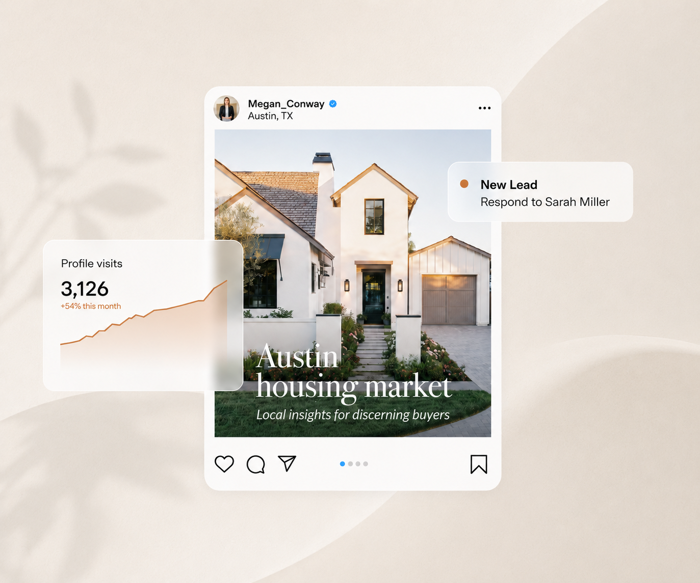 Illustrative Instagram post showing a branded local-market graphic with profile visit growth and a new lead notification
