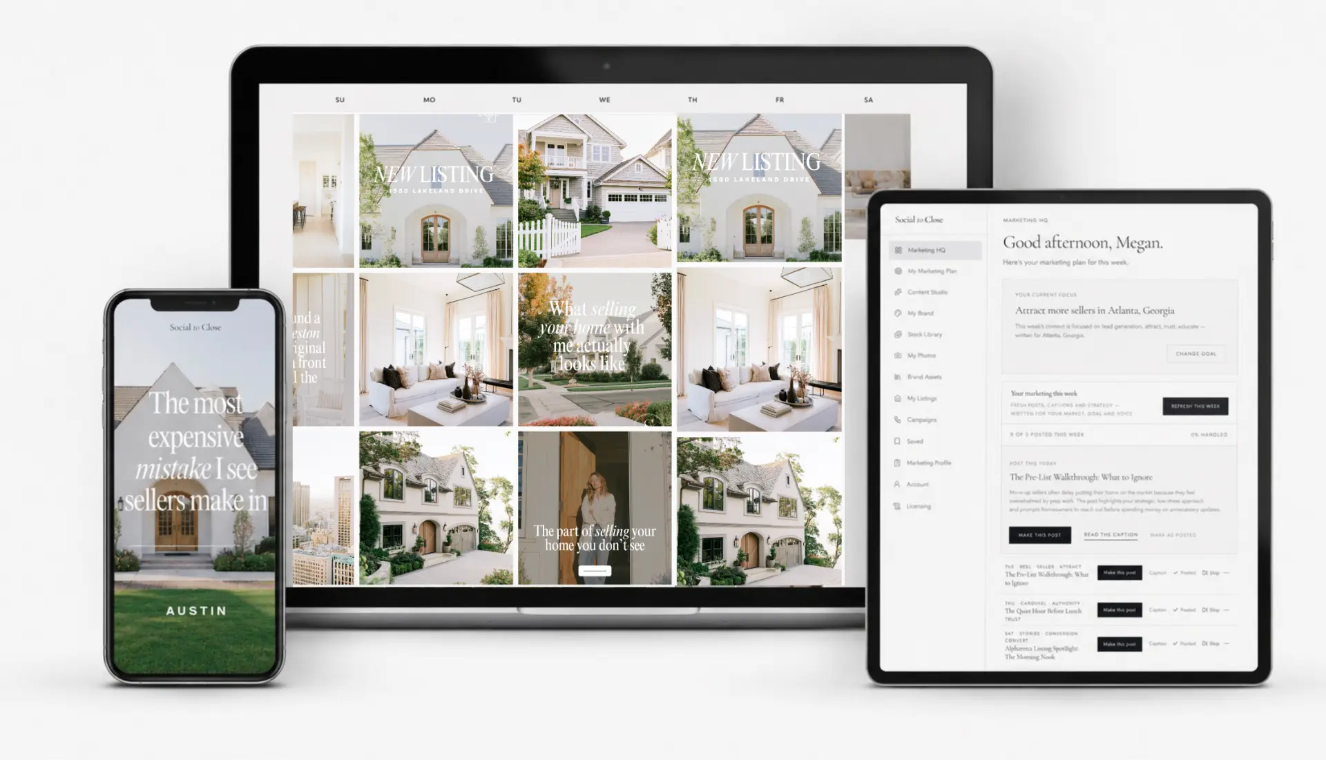 A personalized real estate marketing plan and finished branded social posts laid out on a laptop, phone, and tablet