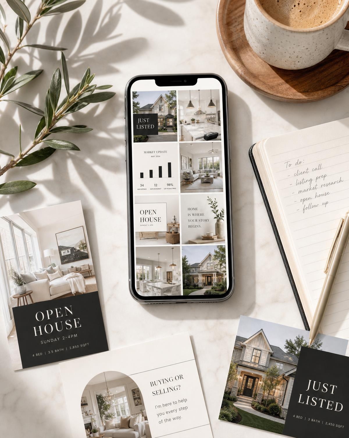 Real estate Instagram template grid and marketing templates on a marble desk