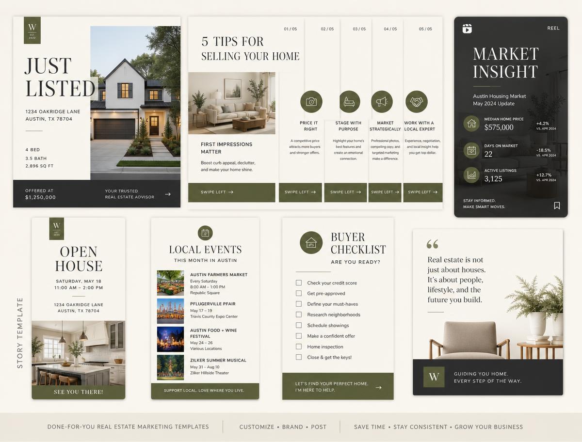 Grid of real estate Instagram template designs: Just Listed, carousel, Reel cover, Story, local events